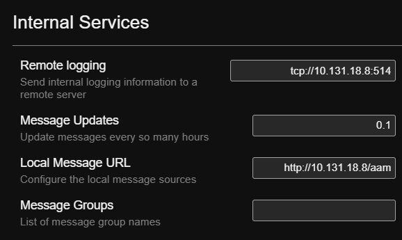 Internal Services Settings Screenshot